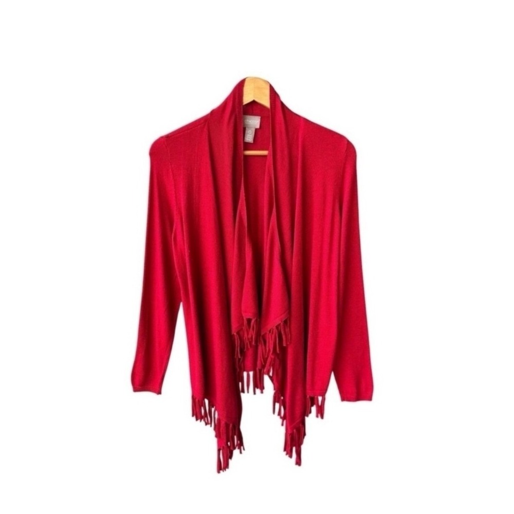 Chico's Cardigan Sweater Red Fringe Open Front Drape Cashmere Blend Preppy Small